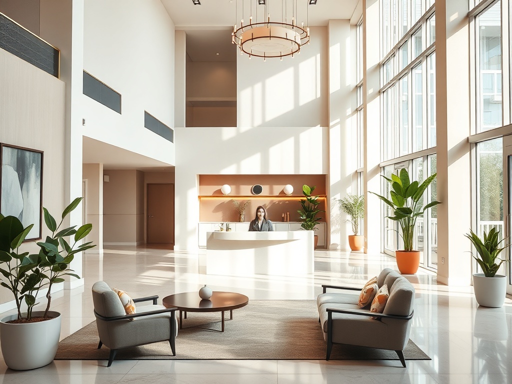 Современный и светлый ресепшен с растениям и уютной зоной отдыха.