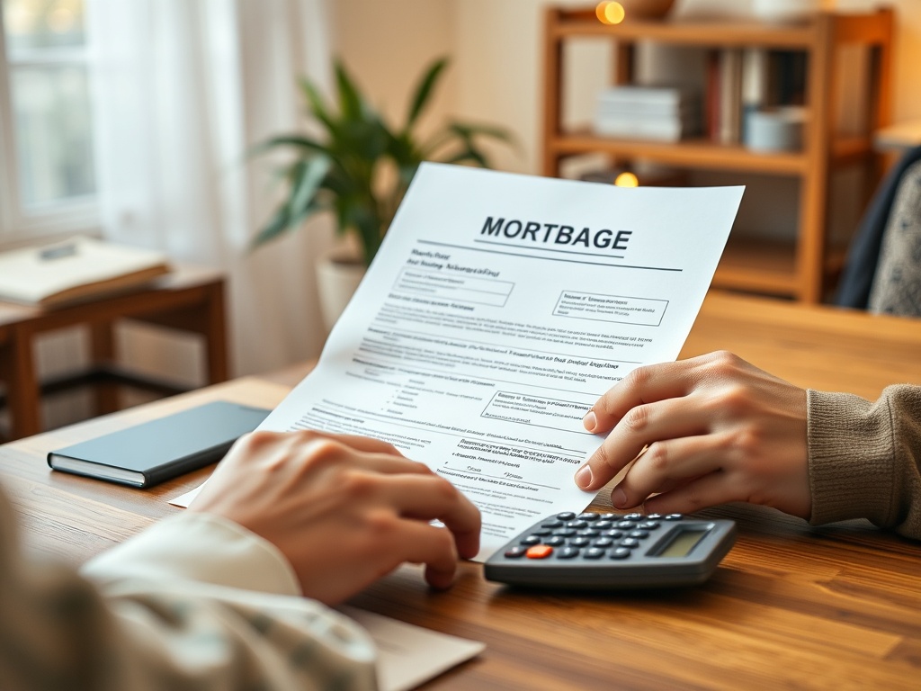 Документы по ипотеке на столе, рядом калькулятор и смартфон. Человек рассматривает бумаги.