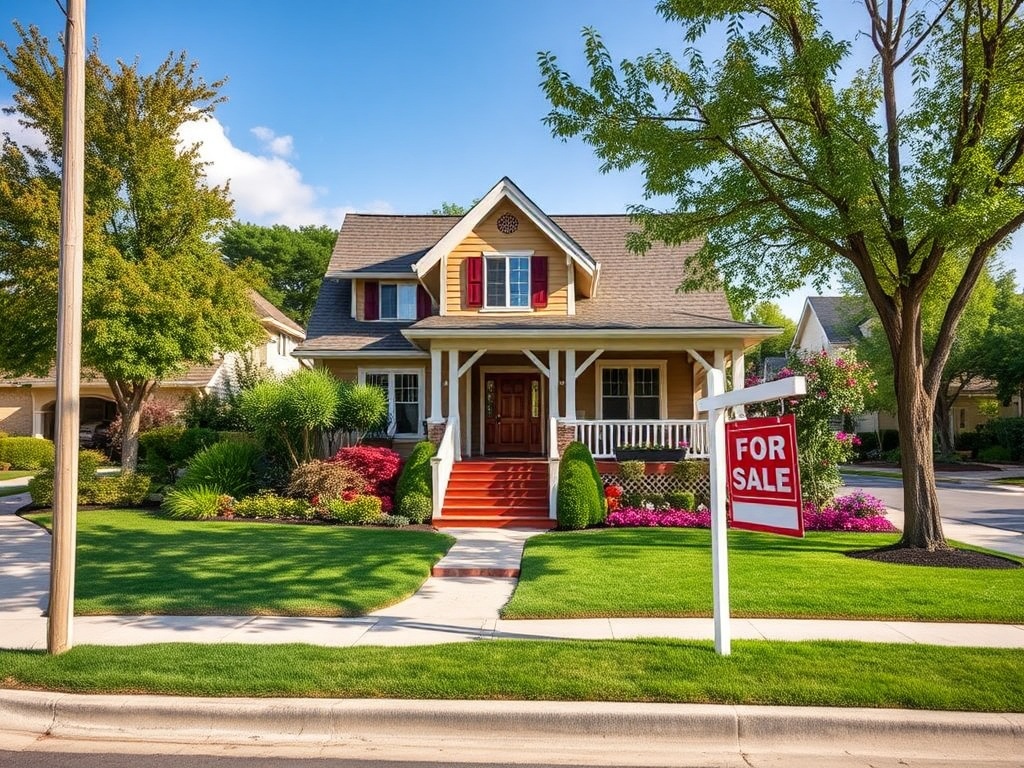 На изображении красивый дом с улыбающимся ландшафтом и знаком "Продается" на переднем плане.
