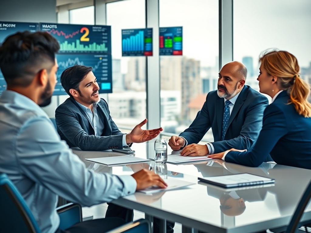 Четыре человека в деловой обстановке обсуждают важные вопросы на фоне графиков и статистики.
