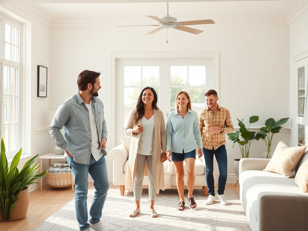 Четыре человека идут в светлой комнате, улыбаясь и общаясь, среди растений и уютной обстановки.