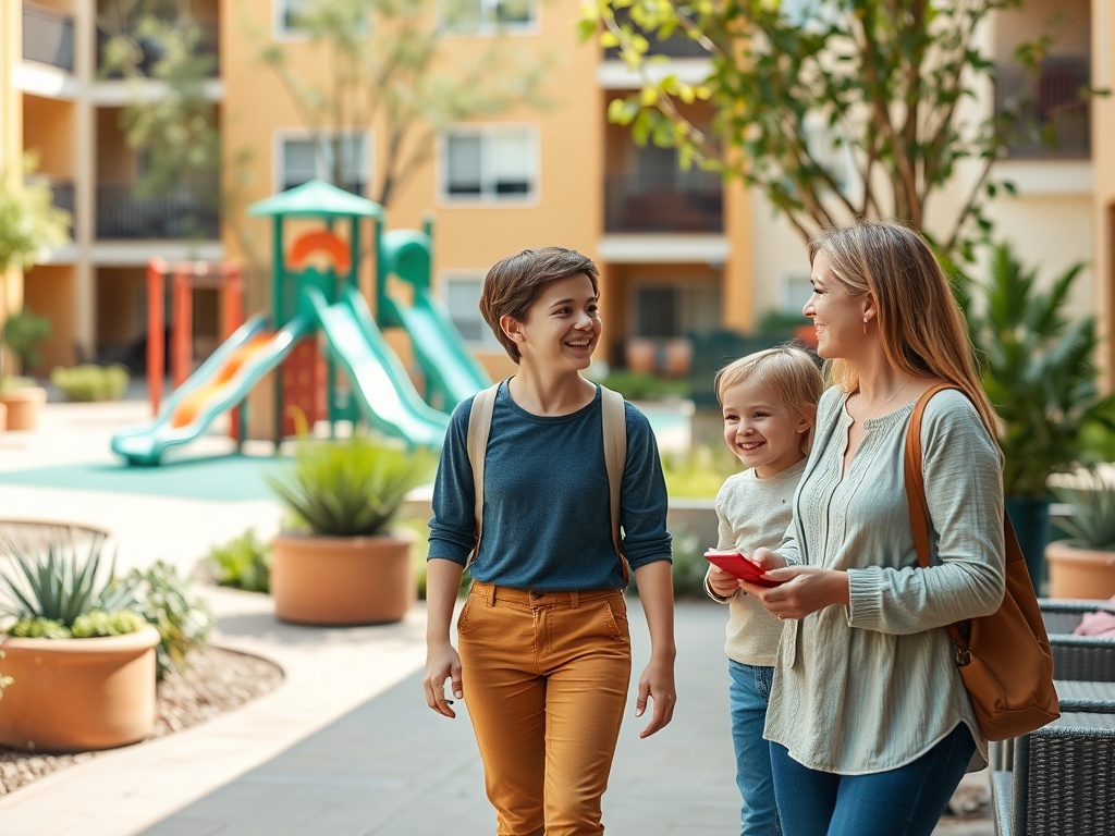 Мать с двумя детьми прогуливаются во дворе с детской площадкой и зеленью вокруг. Все улыбаются и счастливы.