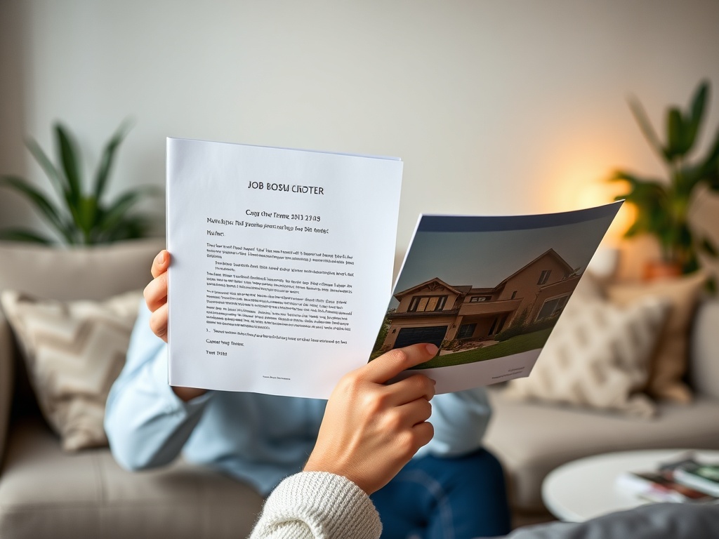 На изображении человек читает документы о работе, держа в руках листы с текстом и изображением дома.
