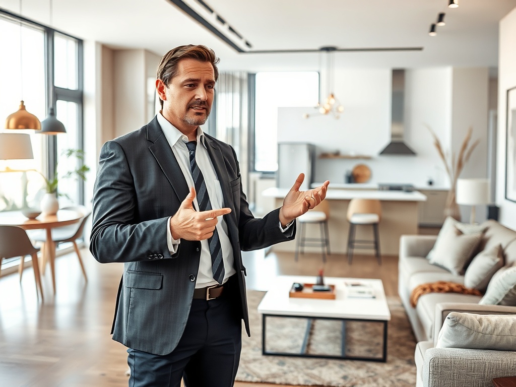 Мужчина в деловом костюме говорит на фоне современного интерьера с кухней и зоной отдыха.