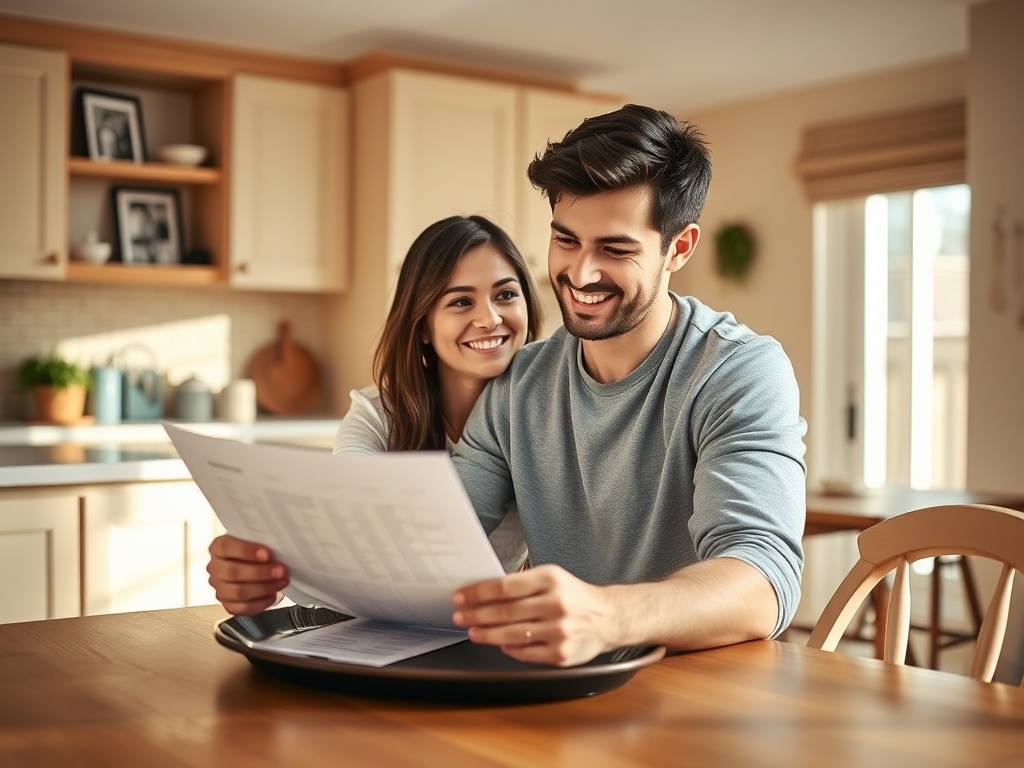 Счастливая пара читает документы за столом на кухне, наслаждаясь временем друг с другом.