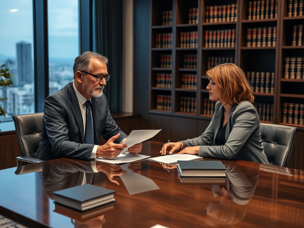 Два человека в офисе обсуждают документы за столом, вокруг книгhelves с юридической литературой.