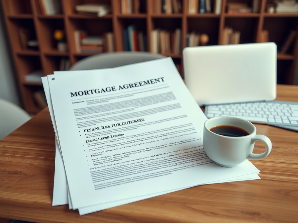Документы по ипотечному соглашению и чашка кофе на столе, ноутбук и клавиатура на заднем плане.