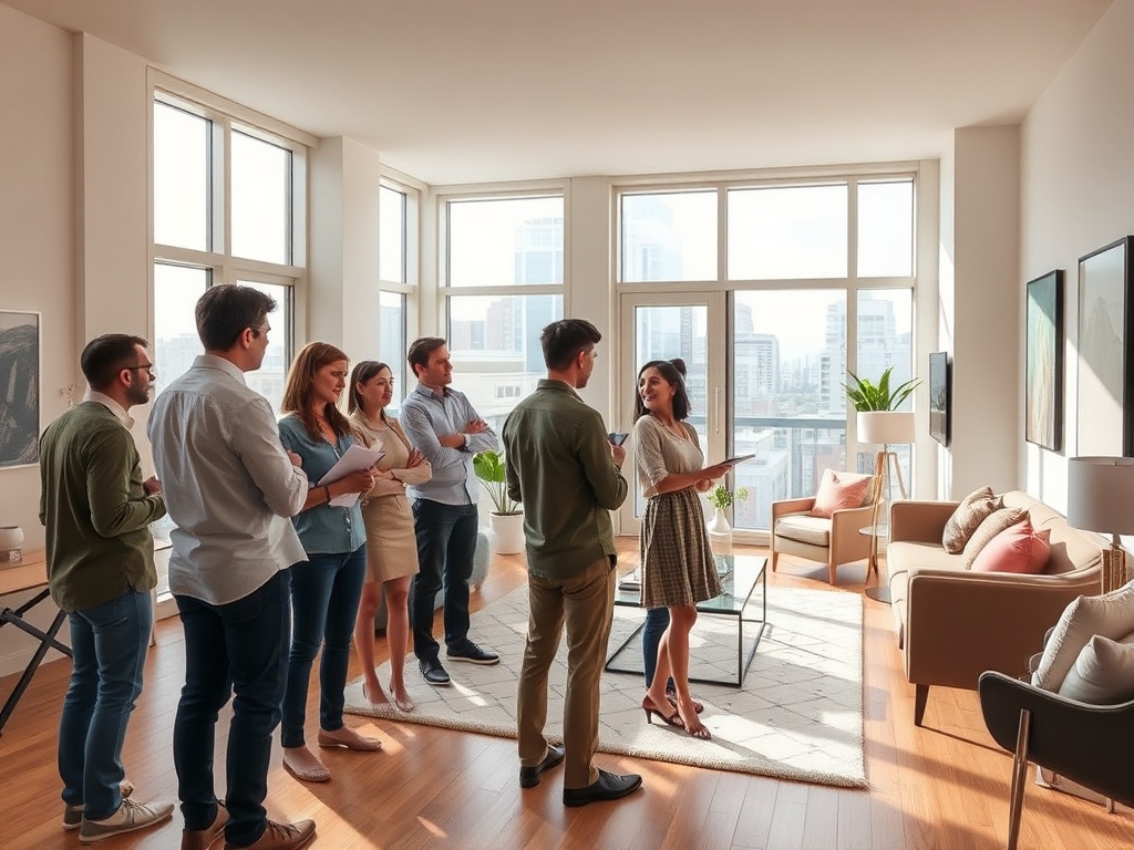 Группа людей слушает презентацию в светлой квартире с большими окнами и уютной обстановкой.